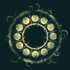 Wall Mural - Astrological symbols in the circle. New Year and Christmas celebration card template. Zodiac circle