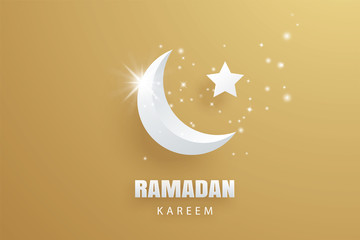 Wall Mural - Ramadan Kareem greeting card paper art gold background. Eid Mubarak moon and stars banner illustration design. Use for Islamic flyer, poster, brochure, sale.