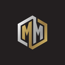 Initial Letter MM, Looping Line, Hexagon Shape Logo, Silver Gold Color On Black Background
