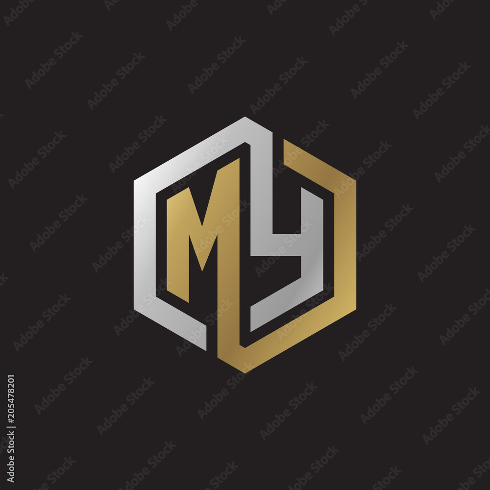 Initial letter MY, looping line, hexagon shape logo, silver gold color ...