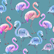 Beautiful colorful flamingo on blue background. Bright exotic seamless pattern. Watercolor painting. Hand drawn and painted illustration.