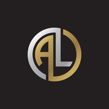 Initial Letter AL, Looping Line, Circle Shape Logo, Silver Gold Color On Black Background