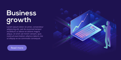 Wall Mural - business growth isometric vector illustration. abstract businessman with laptop background. financia