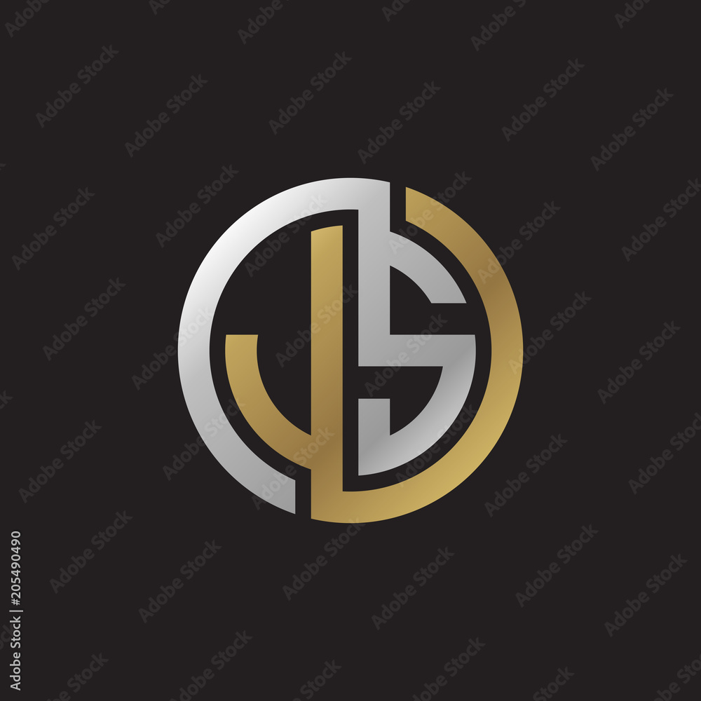 Initial letter JS, looping line, circle shape logo, silver gold color ...
