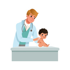 Canvas Print - Male pediatrician examining infant with kid red rash, healthcare for children vector Illustration on a white background