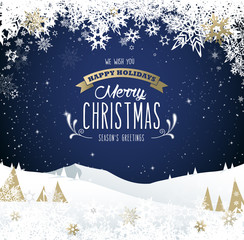 Winter mountain landscape scenery, Merry Christmas text with pine trees and stars.