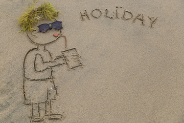 Draw a man who drink lemonade and wear sun glasses on the sand on the beach in summer. Holiday concept for hotels and travel agency.