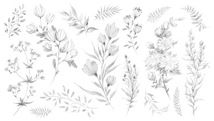 wild flowers and herbs pencil sketch