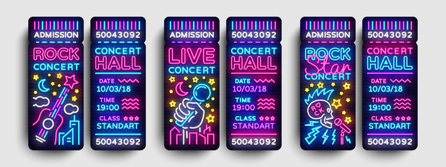 Wall Mural - Concert Tickets Collection Design Template in Modern Trend Style. Rock Concert Tickets Vector Illustration, Neon Style, Light Banner, Bright Advertising for Concert, Festival. Nightlife Vector