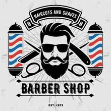 Barbershop Logo With Barber Pole In Vintage Style. Vector Template