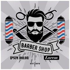 Barbershop Logo with barber pole in vintage style. Vector template