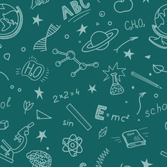 Wall Mural - Pattern from school, education, science hand drawn sketches on teal background. Vector illustration.