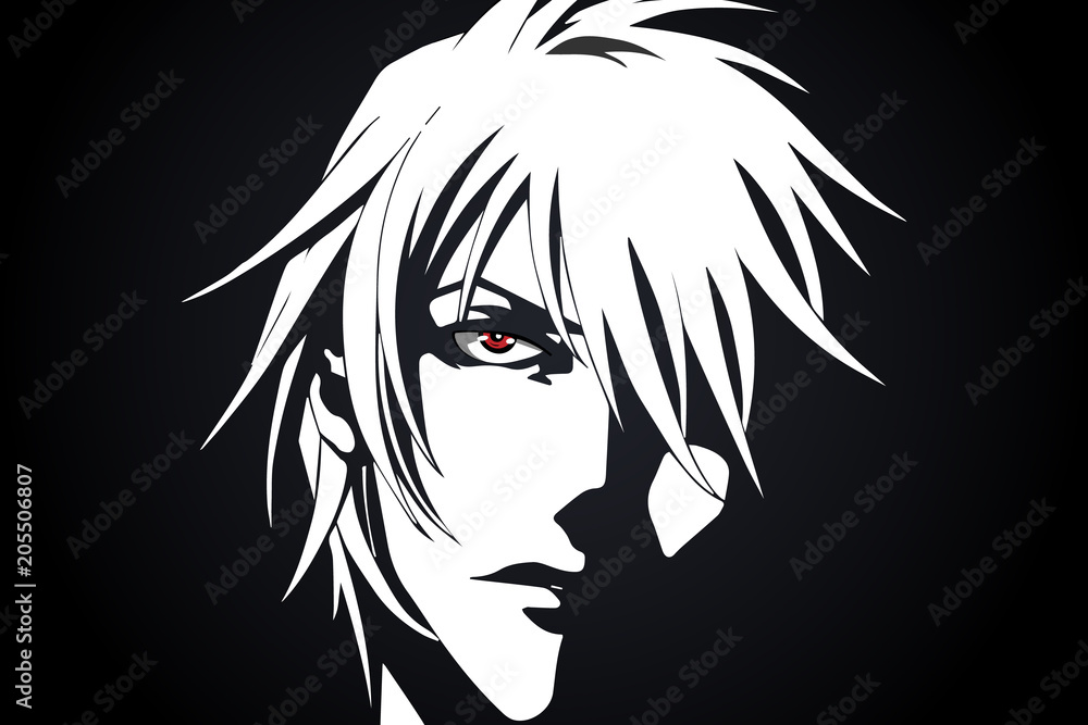 Anime face from cartoon with anime red eyes on black and white background. Vector illustration - obrazy, fototapety, plakaty 