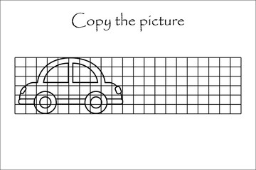 Copy the picture, black white car, drawing skills training, educational paper game for the development of children, kids preschool activity, printable worksheet, vector illustration