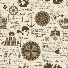 Vector Abstract Seamless Background On The Theme Of Travel, Adventure And Discovery. Old Manuscript With Caravels, Wind Rose, Anchors And Other Nautical Symbols With Blots And Stains In Vintage Style