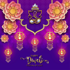 Wall Mural - Happy Diwali festival card with gold diya patterned and crystals on paper color Background.