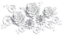 Paper Art, Summer Flowers On A White Background With Leaves Cut Of Paper. Vector Stock Illustration
