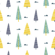 Vector Seamless Pattern With Trees Scandinavian Print.