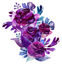 Watercolor Purple Flowers Clip Art. Floral Bouquet Illustration