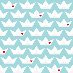 Wall Mural - Retro Seamless Pattern Paper Boats Hearts Blue