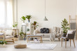 Pouf on rug and plants in spacious living room interior with grey chair near beige couch. Real photo