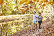 Couple Jogging On Autumnally Forest Track