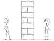 Cartoon stick man drawing conceptual illustration of man and woman divided by high wall obstacle. Concept of relationship difficulties.
