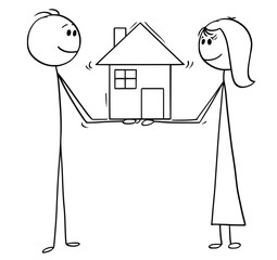 Canvas Print - Cartoon stick man drawing conceptual illustration of man and woman holding together the family house of dreams. Concept of real estate investment.