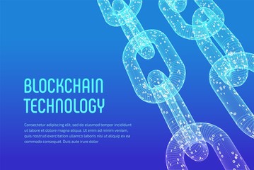 Wall Mural - Block chain. Crypto currency. Blockchain concept. 3D wireframe chain with digital code. Editable cryptocurrency template. Stock vector illustration.