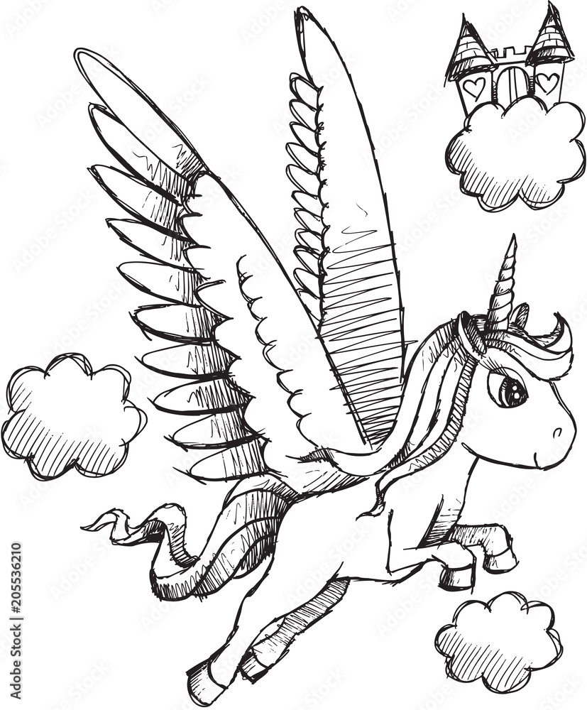 Recess Fitting Doodle Sketch Unicorn Pegasus Vector Illustration