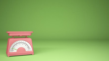Kitchen Pink Empty Weigh Scales, On Green Background Copy Space, Measuring Diet Food Concept Idea