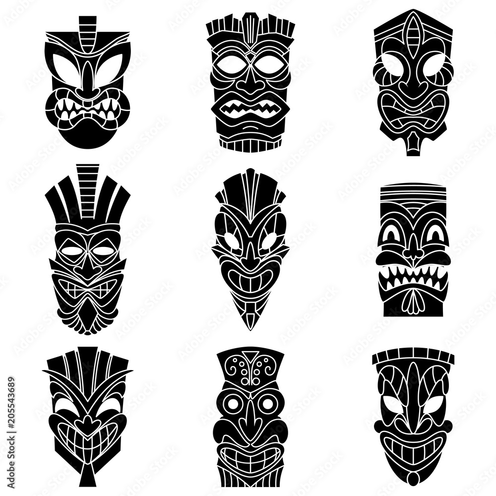 Vector de Stock Tribal tiki mask black silhouettes vector set. Flat icons  isolated on white background. | Adobe Stock, image size:1000x1000