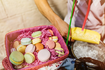 Top view of summer dinks, fruit cocktails on white wood table wi