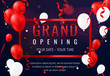 Grand opening invitation concept with red white balloons. Celebration design. Gold glitter letters on abstract background with light effect and bokeh.
