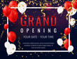 Grand opening invitation concept with red white balloons. Celebration design. Gold glitter letters on abstract background with light effect and bokeh.