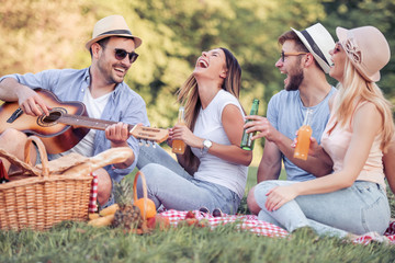 Wall Mural - Happy young friends having picnic in the park