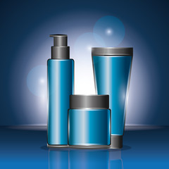 Poster - cosmetics blue containers lotion shampoo blurred background vector illustration