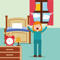 Canvas Print - girl waking up and stertching near bed at home vector illustration