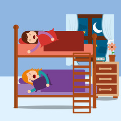 Poster - young girls asleep in bunk bed in night bedroom vector illustration