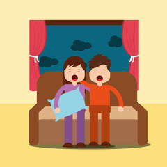 Poster - boy and girl yawning with sleep sitting on the sofa vector illustration