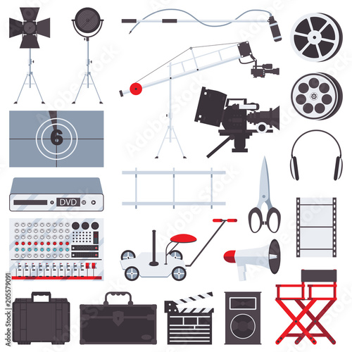 Vector flat set with film directors chair, megaphone, rails, camera,  clapboard, accessories and light. Isolated on white objects for movie  production - Buy this stock vector and explore similar vectors at Adobe