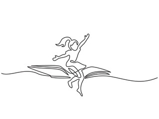 Wall Mural - Little girl flying on book in the sky. Vector illustration. Continuous line drawing.Concept for logo, card, banner, poster, flyer