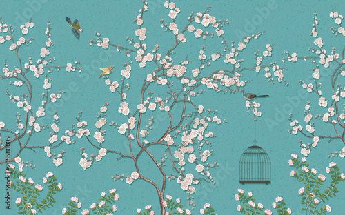 Dekoracja na wymiar  chinskie-obrazy-przedstawiajace-kwiaty-sliwy-i-ptaki-obraz-na-niebieskim-tle
