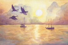 Abstract Landscape With A Yacht And Flying Birds. View Of Sea, Sun, Cloudy Sky At Sunset. Watercolor Hand Drawn Painting Illustration.