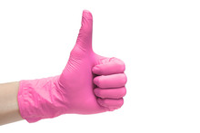 Like Sign Icon Made Of Pink Medical Gloves. Hand Finger Up Symbol. Thumbs Up Gesture. Isolated On White Background