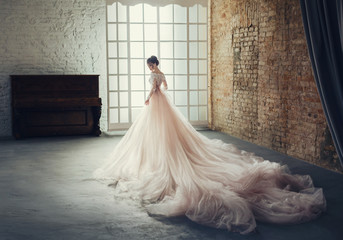 A young princess in an expensive, luxurious dress with a long train stands with her back to the camera, against the background of a vintage, high window. Stylish Fashion