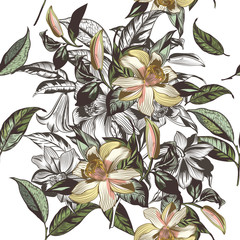 Fototapete - Vintage illustration with vector hand drawn flowers in vintage Victorian style