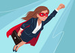 Young Caucasian superhero woman wearing business suit and cape, flying through air in superhero pose, on aqua background. Vector cartoon character illustration, business, achievement, goals theme.