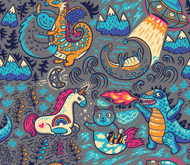 Wall Mural - Fantastic creatures, animal pattern. Vector cute background