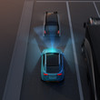 Rear view of blue SUV emergency braking to avoid car crash. Automatic Emergency Braking (Emergency brake system) concept. Night scene. 3D rendering image.